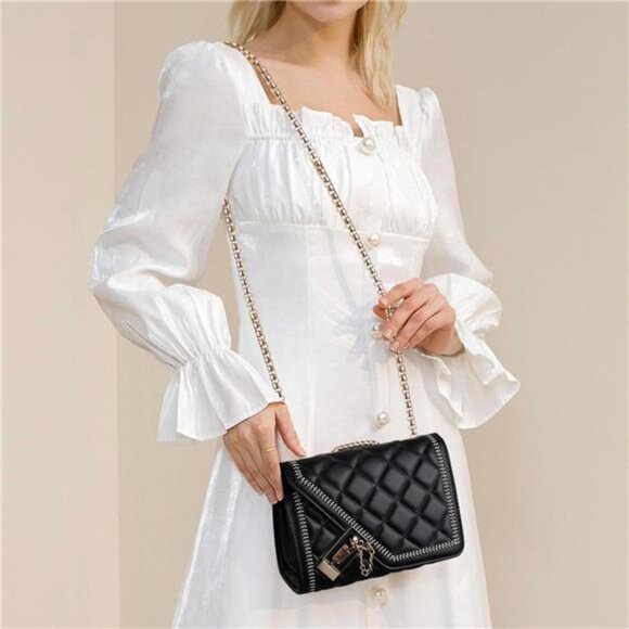 Quilted Crossbody Bag Black Vegan Leather Shoulder Bag Fashion Chain Small Purse - Picture 3 of 9